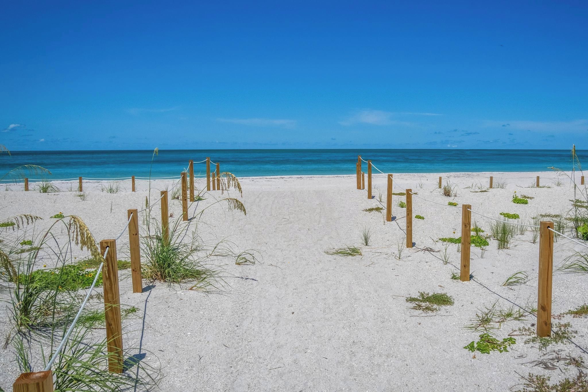 A sandy beach with wooden posts and rope barriers.