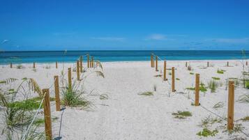 A sandy beach with wooden posts and rope barriers.