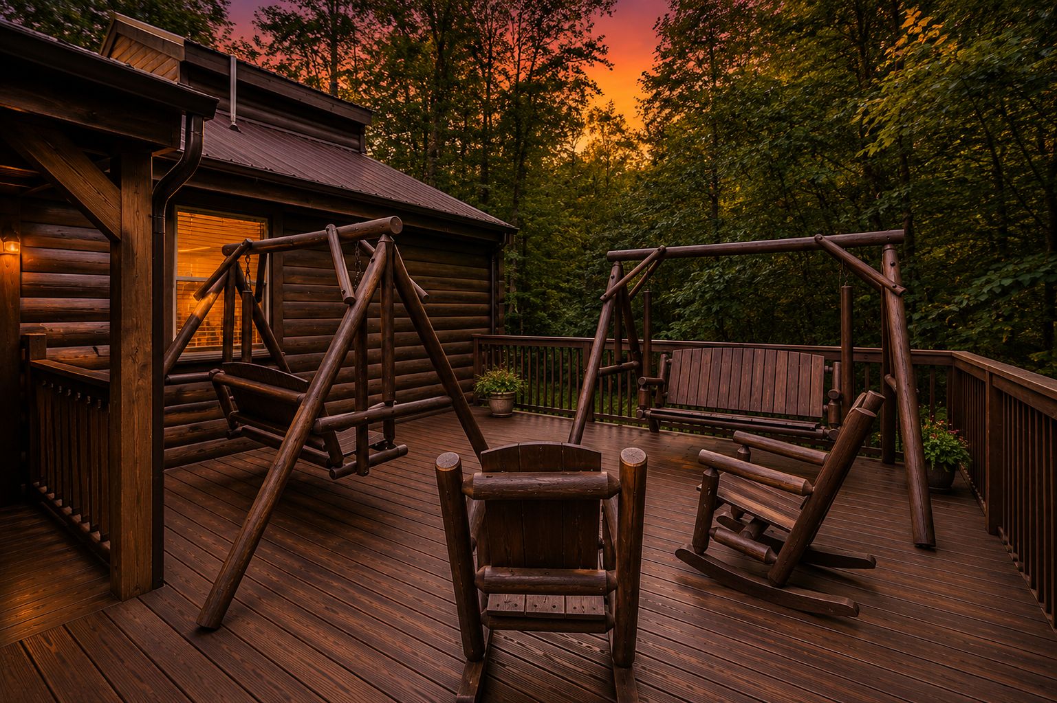 A wooden deck with a swing set, a bench, and a small table.