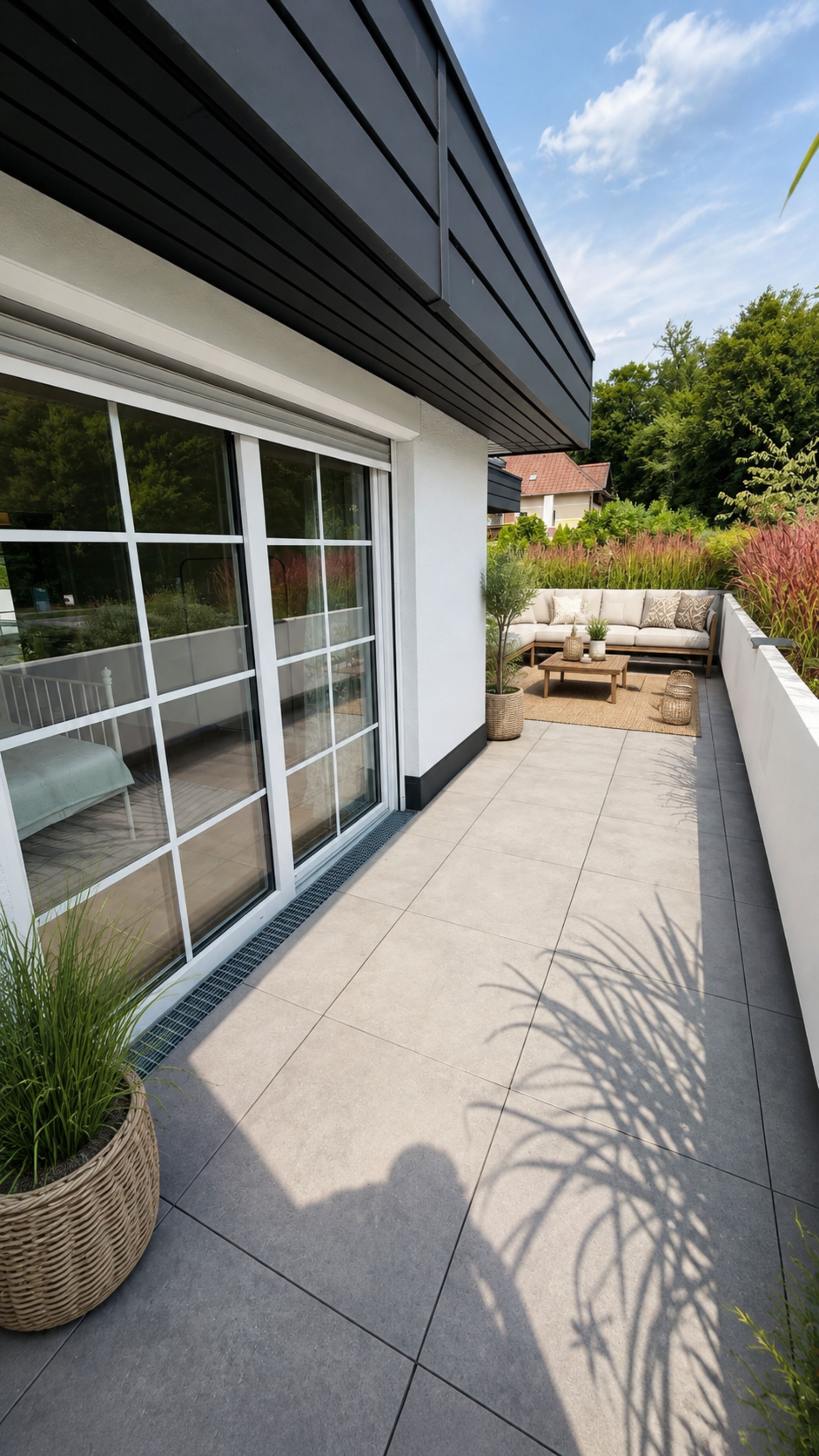 Eine moderne Terrasse mit einer Schiebetür, einer eingebauten Sitzbank und einem Blumentopf.