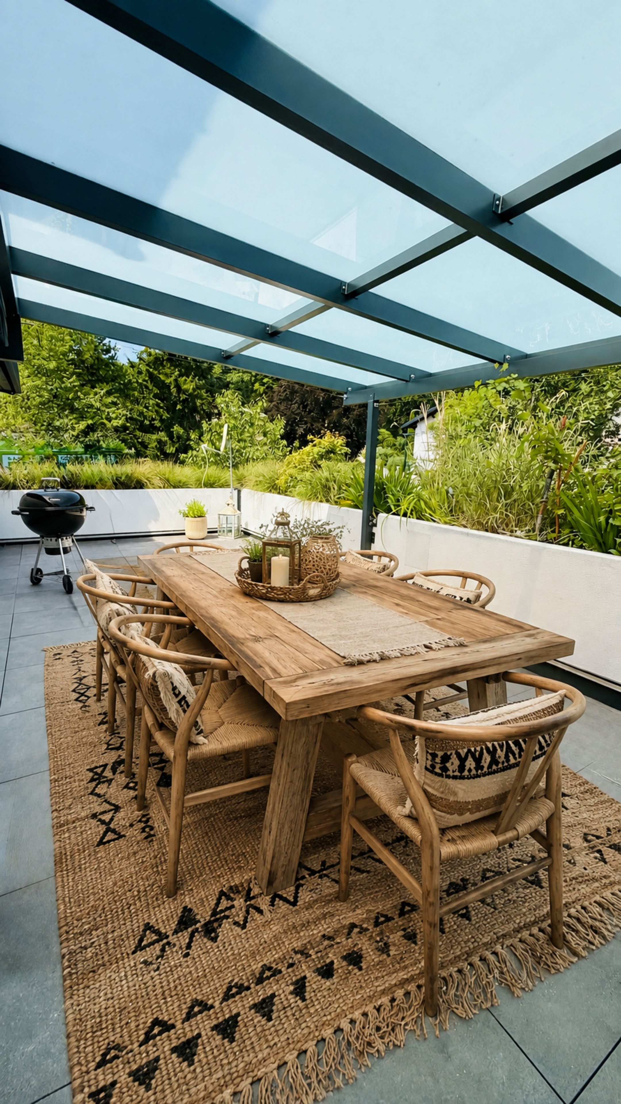 Un'area pranzo all'aperto con tavolo e sedie in legno, una pergola chiusa con vetro e un barbecue.