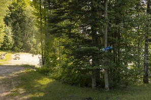Une zone boisée avec un sentier de terre menant à une table de pique-nique et un panneau indiquant le début d’un sentier de randonnée.
