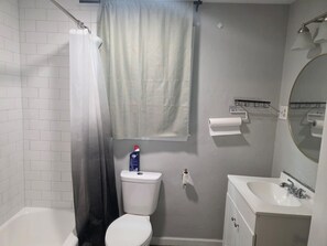 Ein Badezimmer mit Toilette, Duschvorhang, Waschbecken und Spiegel.