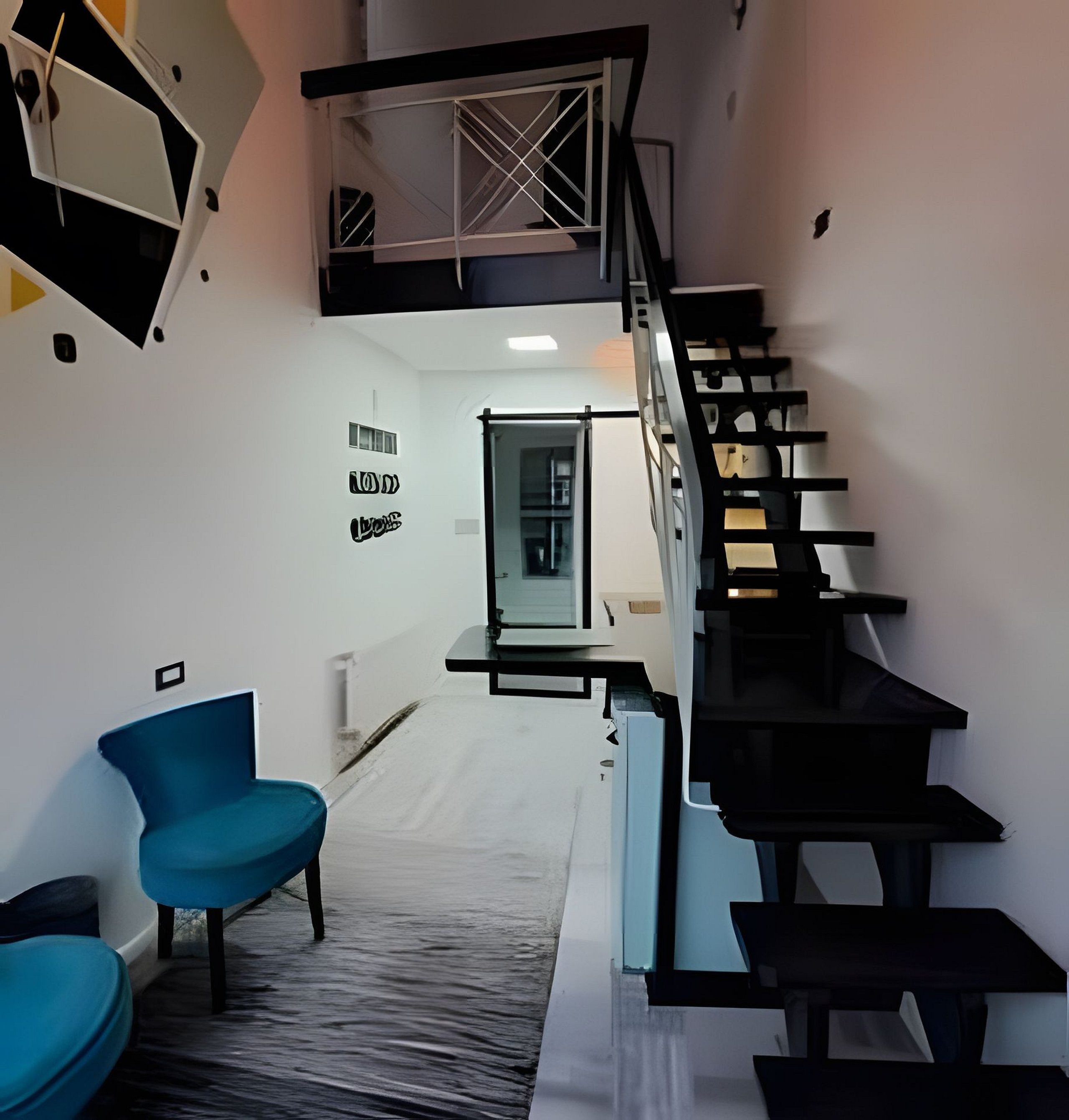Interior moderno com escada, área de estar com cadeiras e parede com texto.