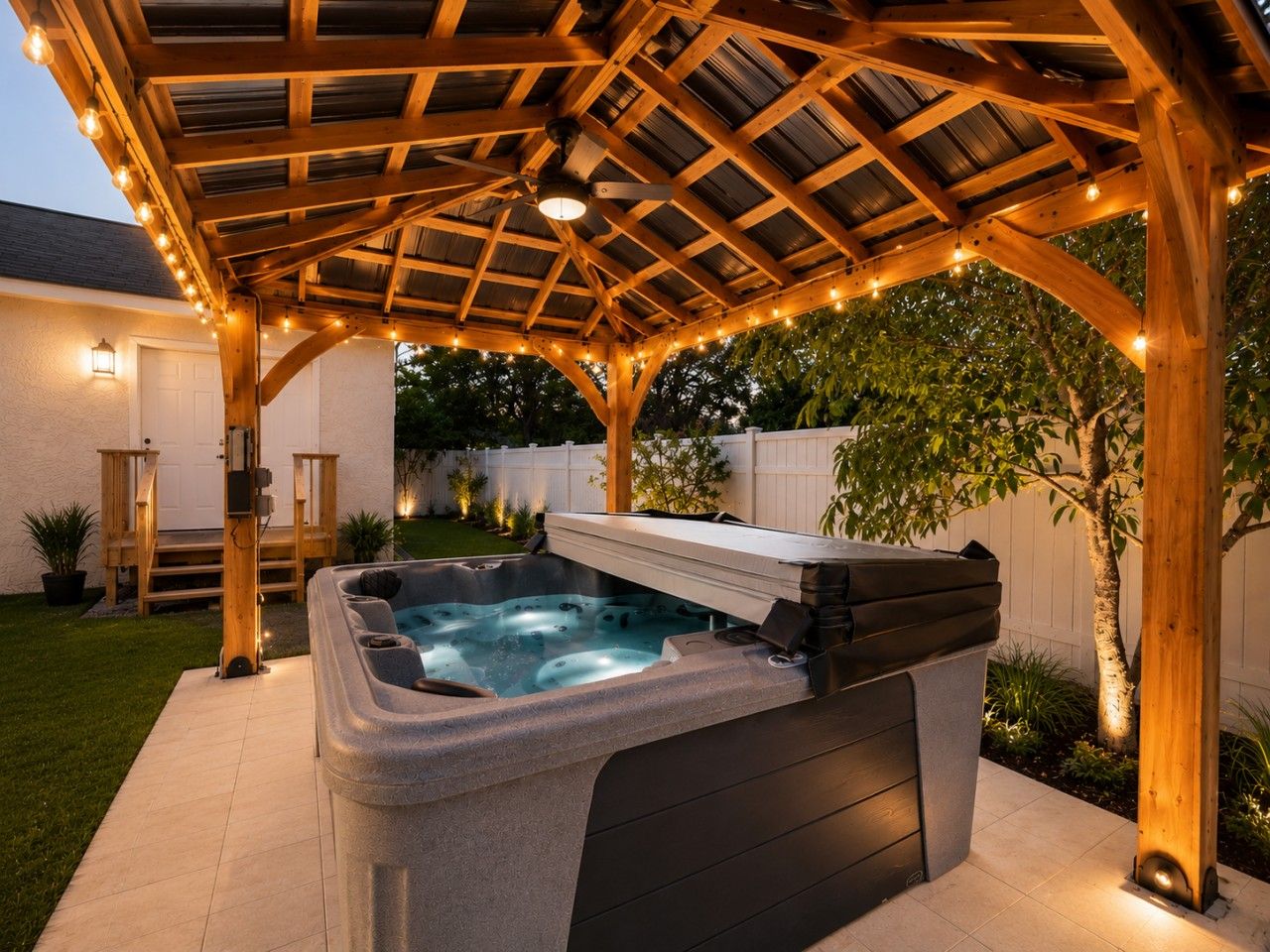 A hot tub under a wooden pergola with string lights, surrounded by a fenced yard.