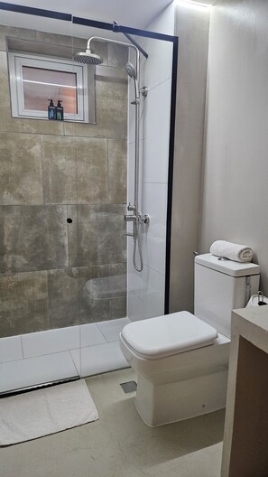 Een badkamer met douche, toilet en een klein plankje met toiletartikelen.