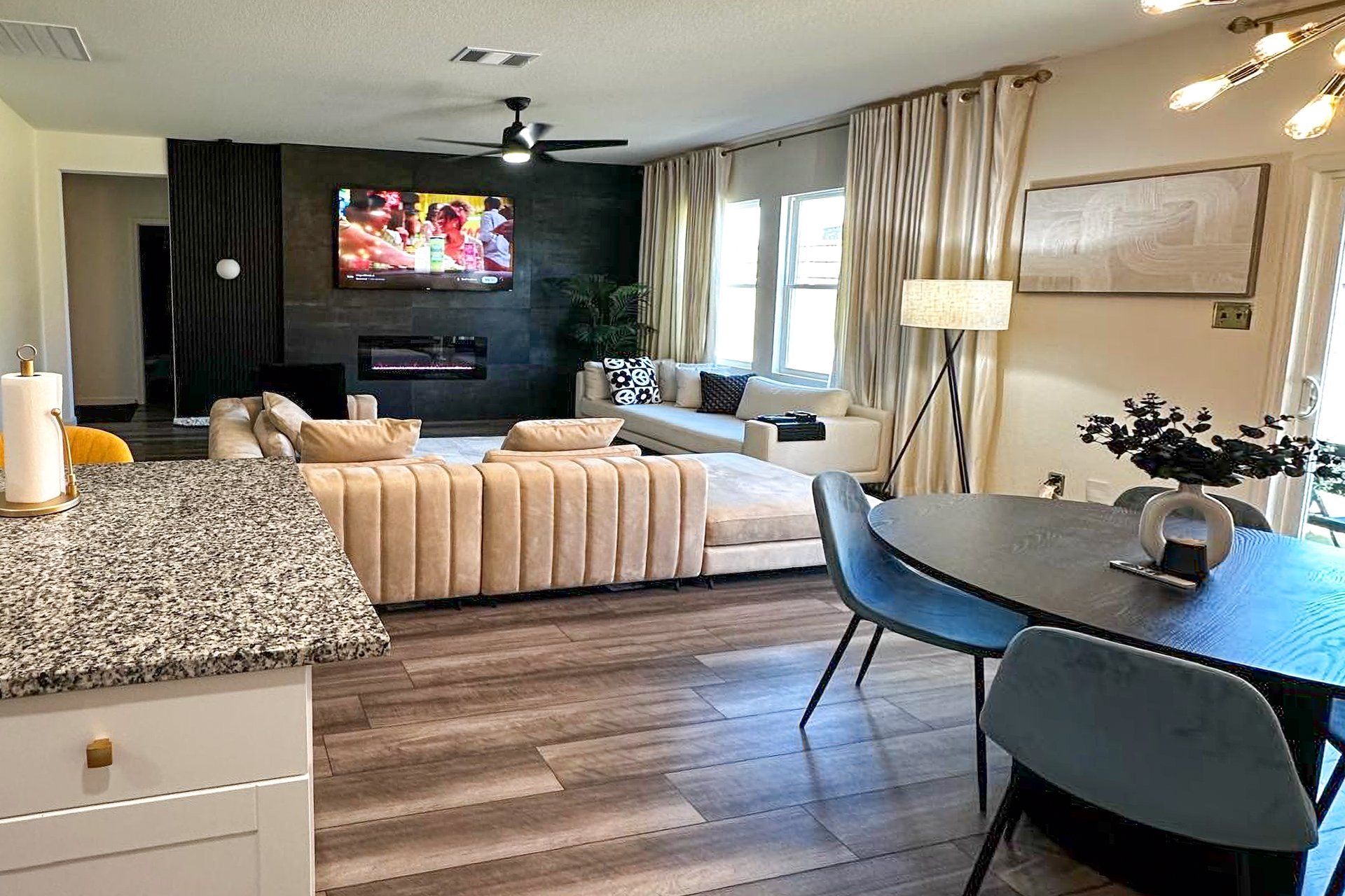 Smart TV, fireplace, video games, computer monitors