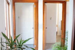 Een gang met twee houten deuren, een plant in pot en een zicht op een andere kamer.