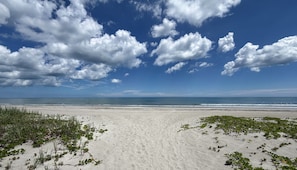 Ein Strand mit Sand, spärlicher Vegetation, blauem Himmel und ruhiger See.
