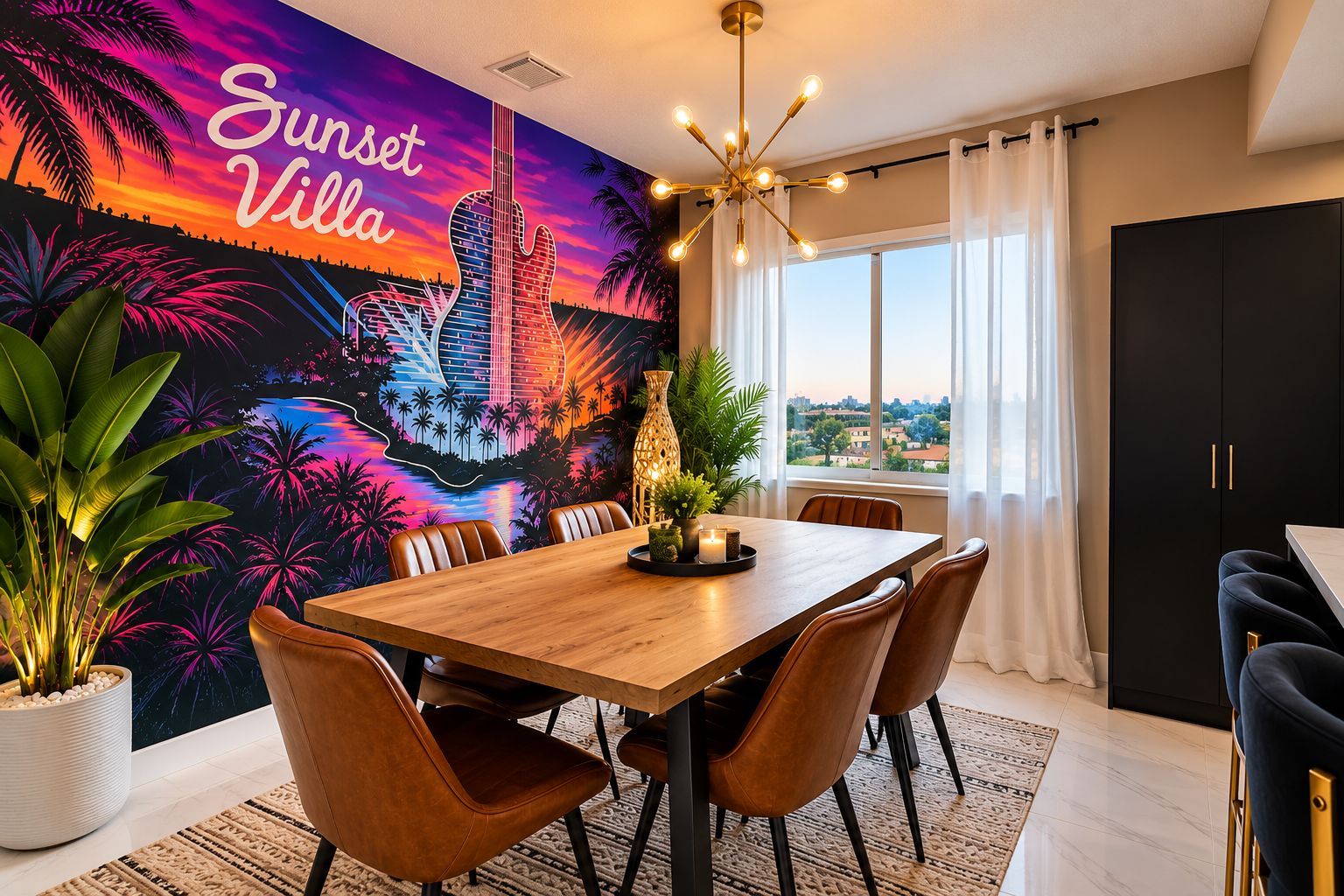 A dining area with a wooden table, leather chairs, a cityscape mural, a potted plant, and a view of the city through large windows.