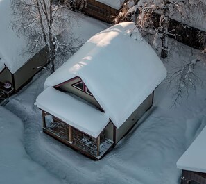 A snow-covered house with a sloped roof and a visible chimney. - Cozy cabin in the heart of Talkeetna - perfect for any getaway (Talkeetna)