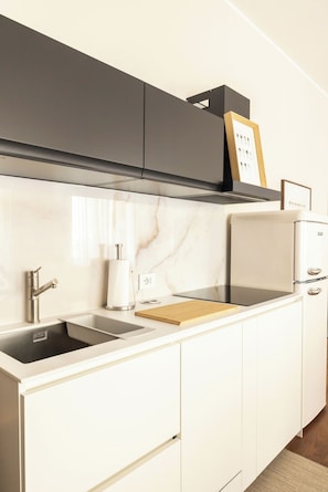 Eine moderne Küche mit eingebautem Spülbecken, einer Arbeitsplatte und einem Kühlschrank.