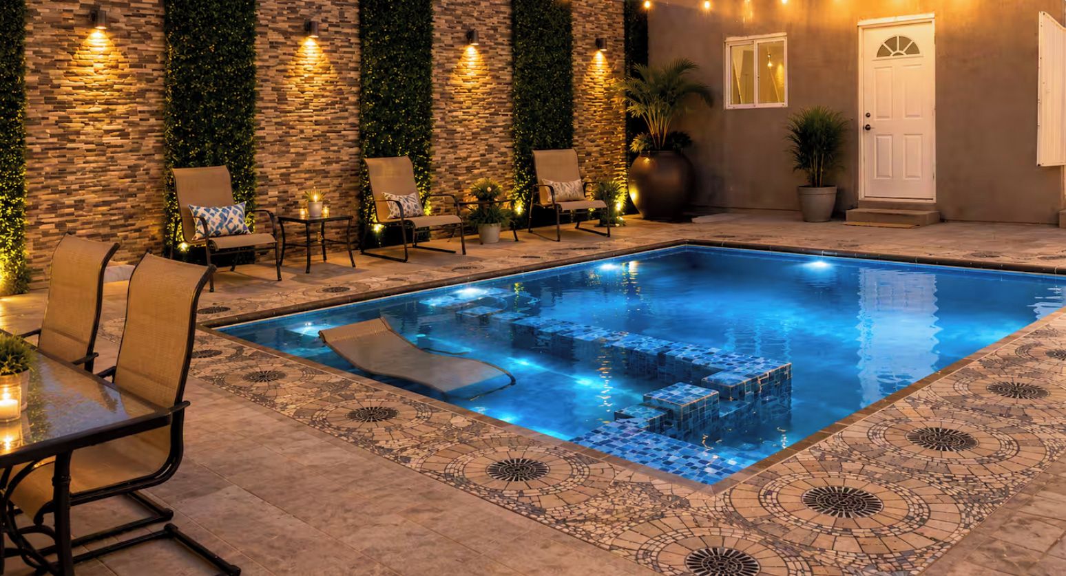 Une piscine dotée de sièges intégrés et d’une terrasse carrelée, entourée de murs en briques et de plantes en pot.