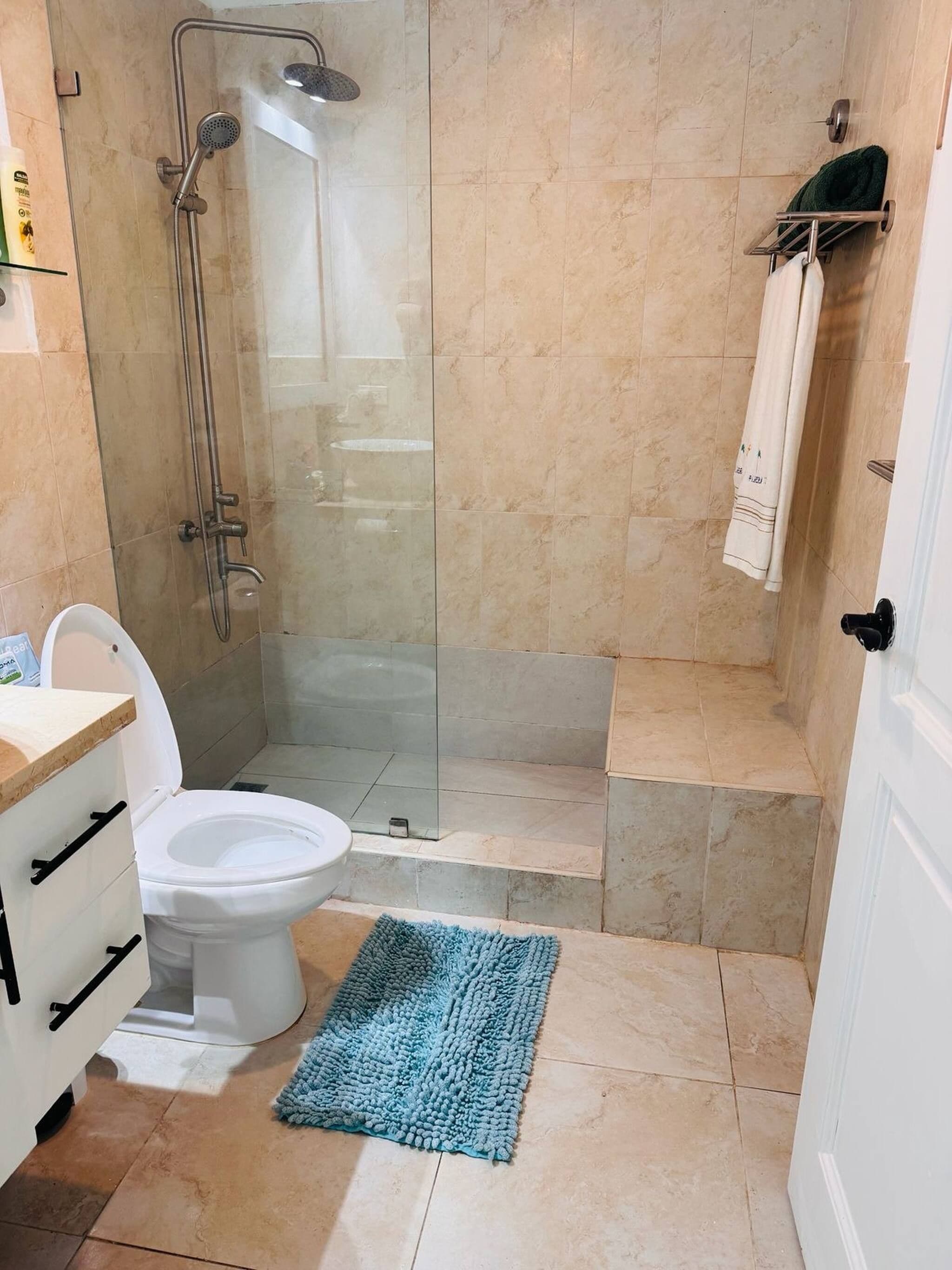 A bathroom with a glass-enclosed shower, a toilet, and a blue bath mat.