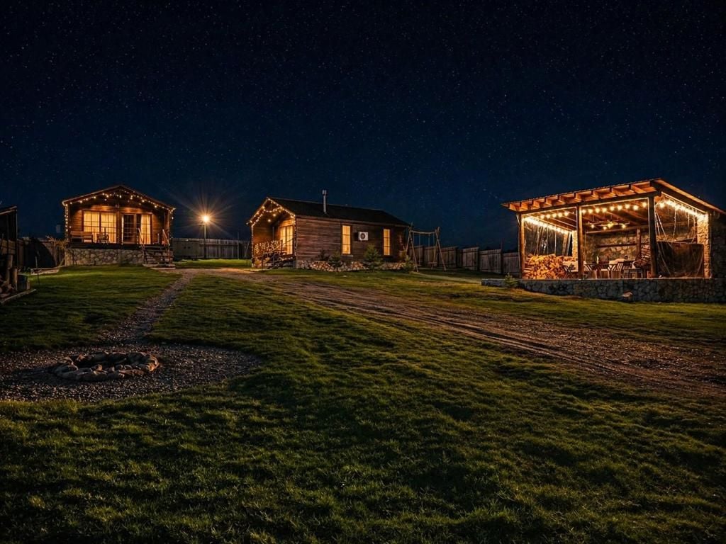 Una escena nocturna de una cabaña rústica con un porche bien iluminado y una estructura de piedra.