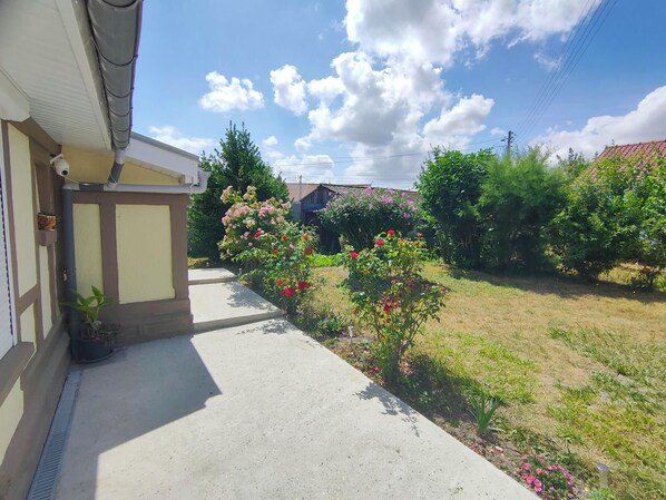 A residential property with a paved driveway, a garden with flowering plants, and a clear sky.