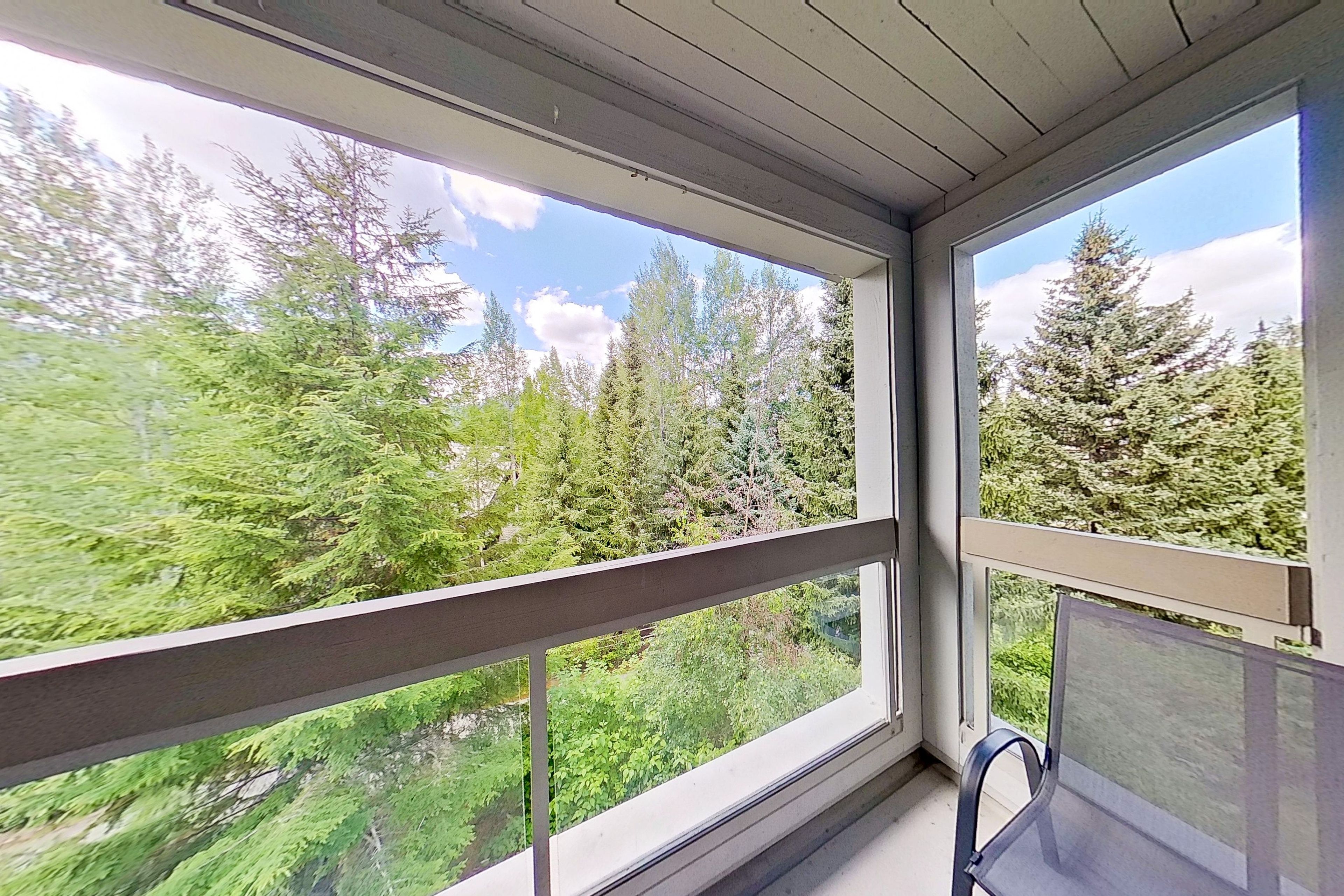 A room with a large window offering a view of dense green trees and a clear sky.