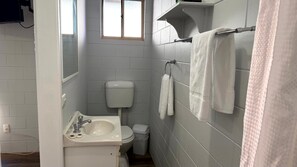 Une salle de bain équipée d’un lavabo, de toilettes et d’un porte-serviettes.