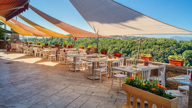 An outdoor patio area with tables and chairs, surrounded by potted plants and a view of a forested landscape. - Terrace for all Martorano - Apartment (SANT'AGATA DE' GOTI)