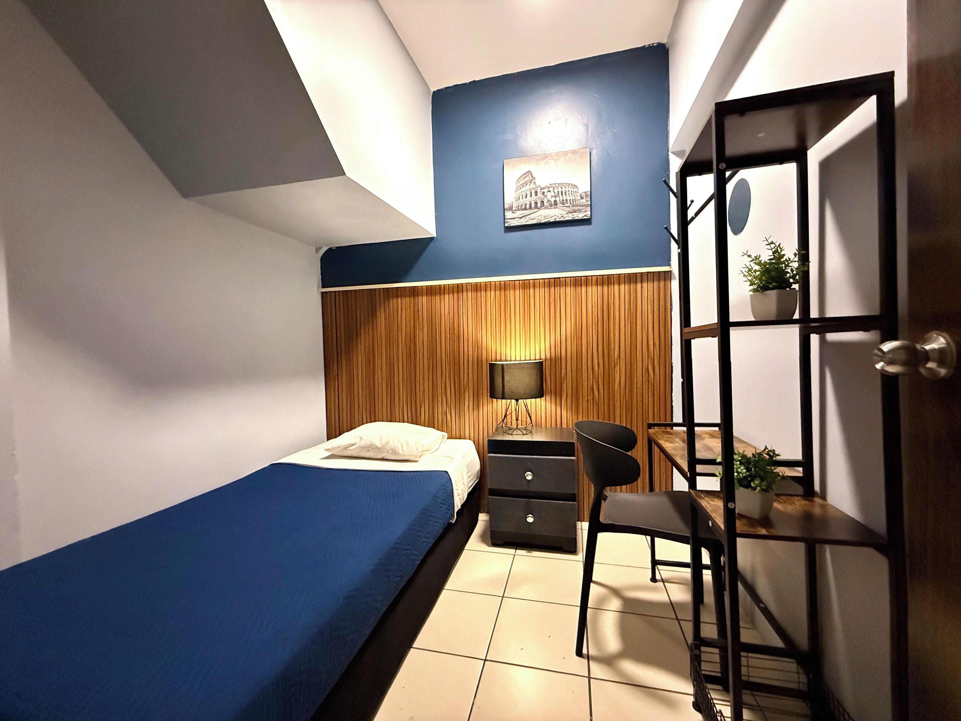A bedroom with a bed, a desk, a chair, a wardrobe, and a wall-mounted shelf with a plant.