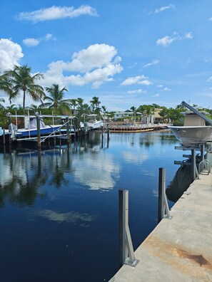 A marina with boats docked, palm trees, and a clear sky. - Coastal 1 Bedroom Unit with 40 foot boat slip (Tavernier)