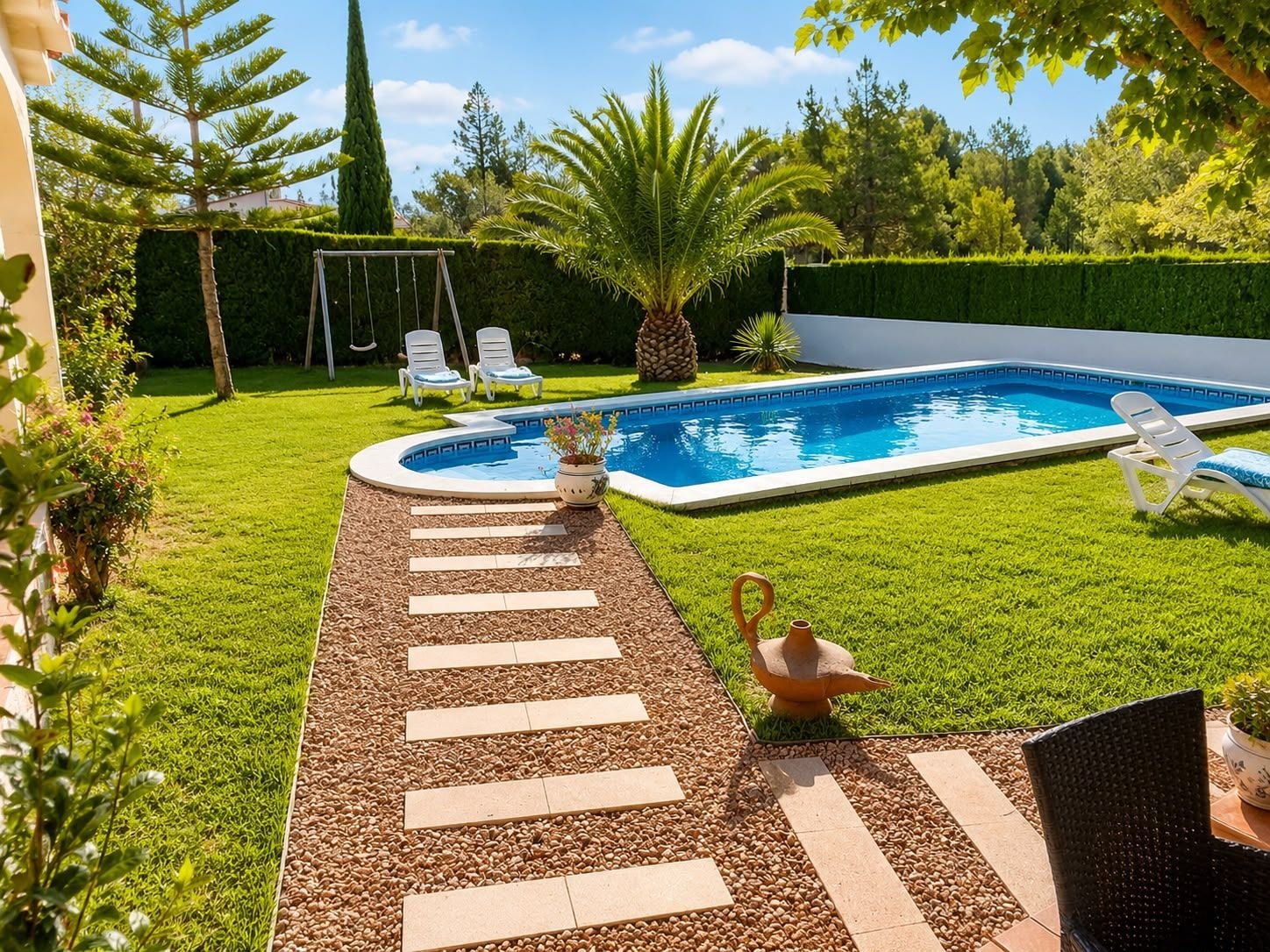Une piscine entourée d’un jardin, comprenant un sentier, des chaises et une sculpture décorative.