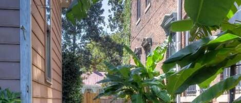 A narrow brick pathway with outdoor furniture and potted plants.