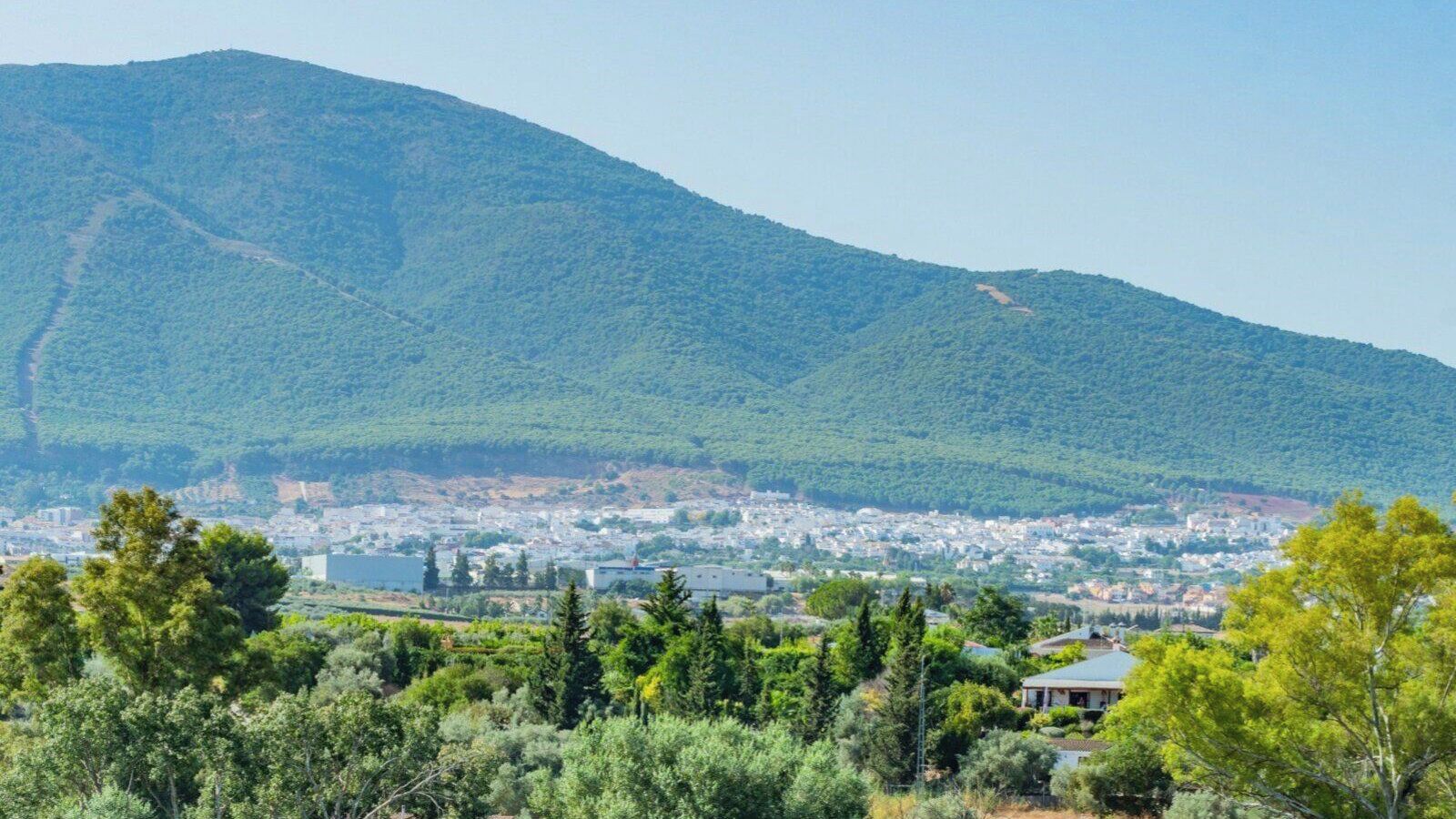 Eine bergige Landschaft mit einer Stadt im Tal.