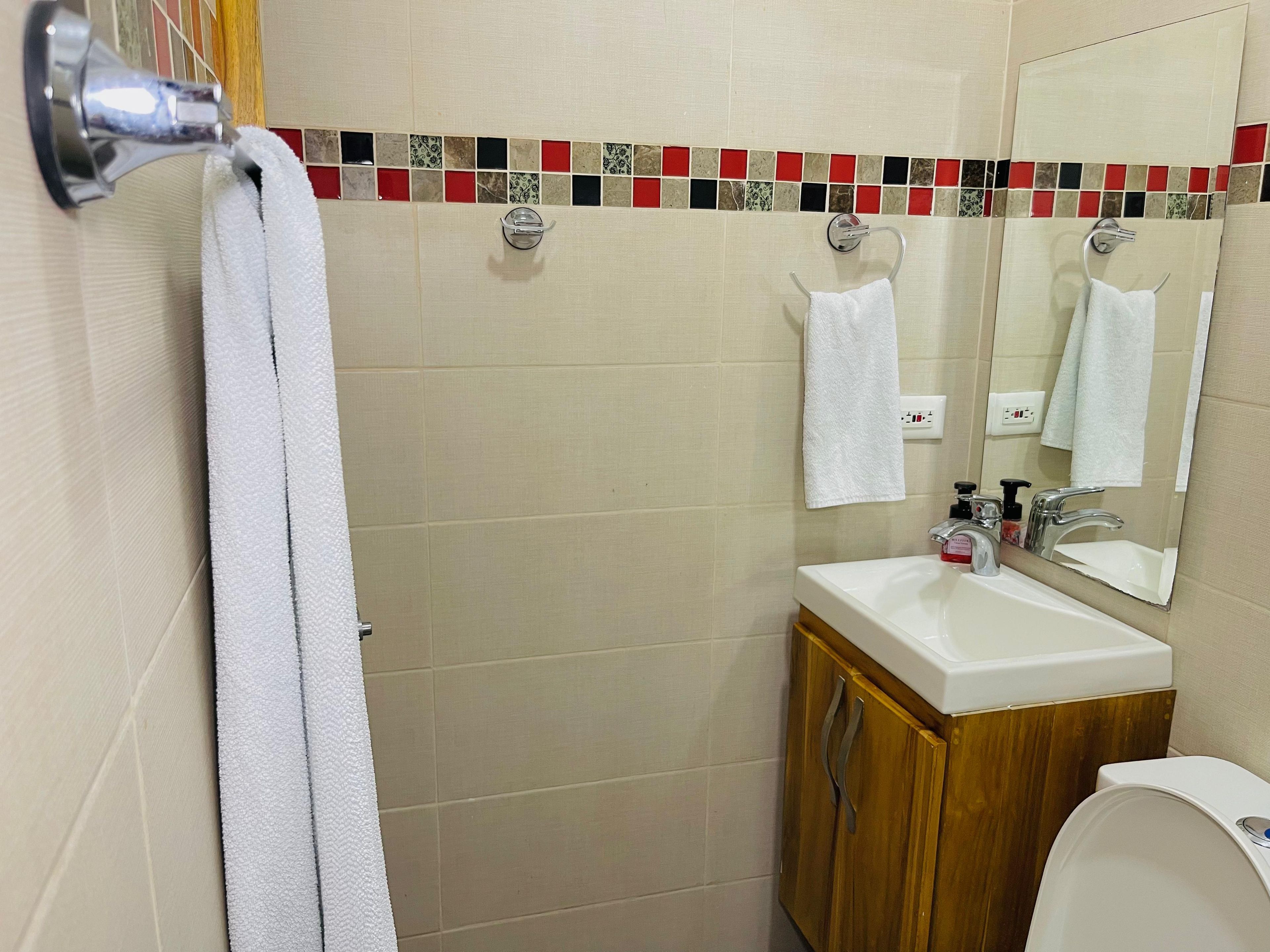 Un baño con lavamanos blanco, espejo, toallero y cabina de ducha.