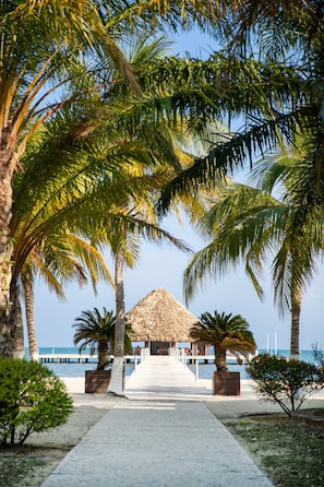 A pathway leading to a thatched-roof structure with a view of the sea.
