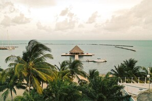 Un complexe hôtelier tropical doté d’une structure à toit de chaume sur une jetée, entouré de palmiers et bordé par une mer calme.
