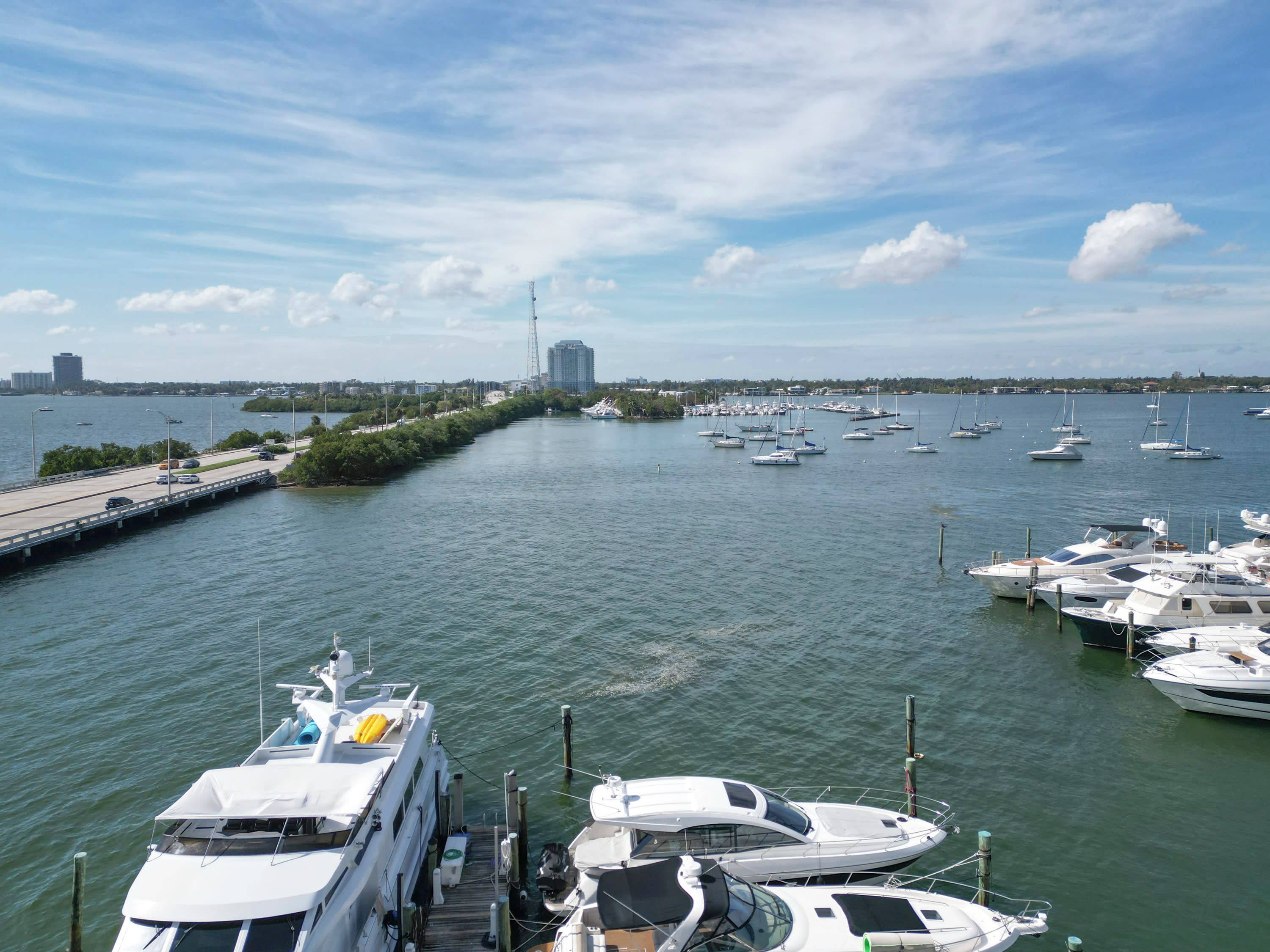 Een jachthaven met diverse boten die afgemeerd zijn, een brug en een verafgelegen stadsachtergrond.
