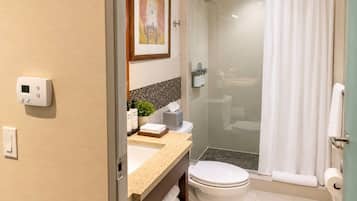 Een badkamer met toilet, wastafel, douche en een douchecabine met glazen wanden.