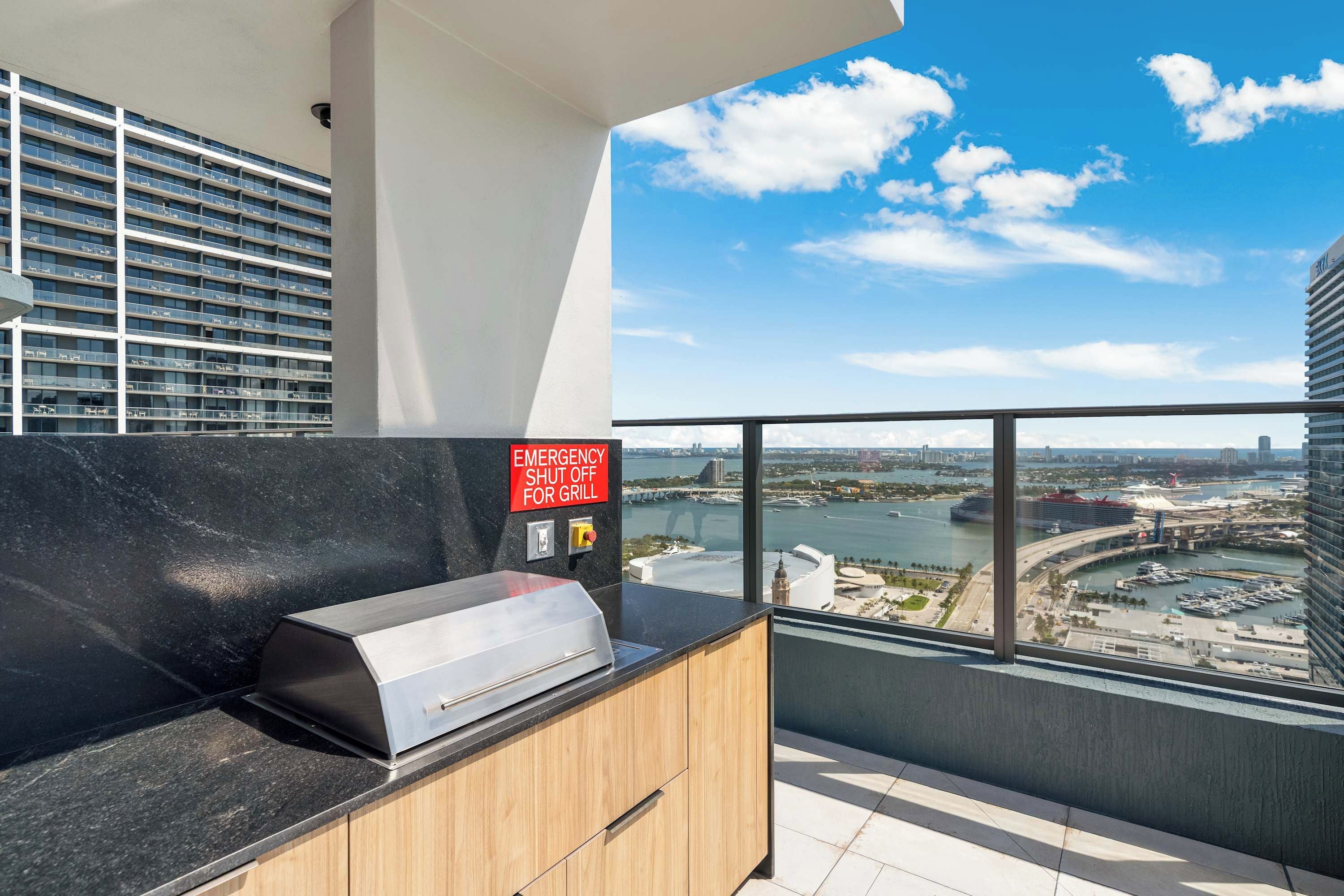Een moderne keuken met een grill, een rivierzicht en een hoog gebouw op de achtergrond.