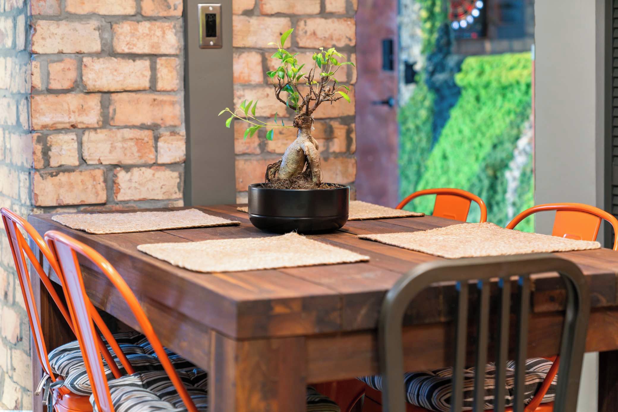 Ein Holztisch mit Bonsai-Baum als Mittelpunkt, umgeben von orangefarbenen Stühlen mit gestreiften Kissen.