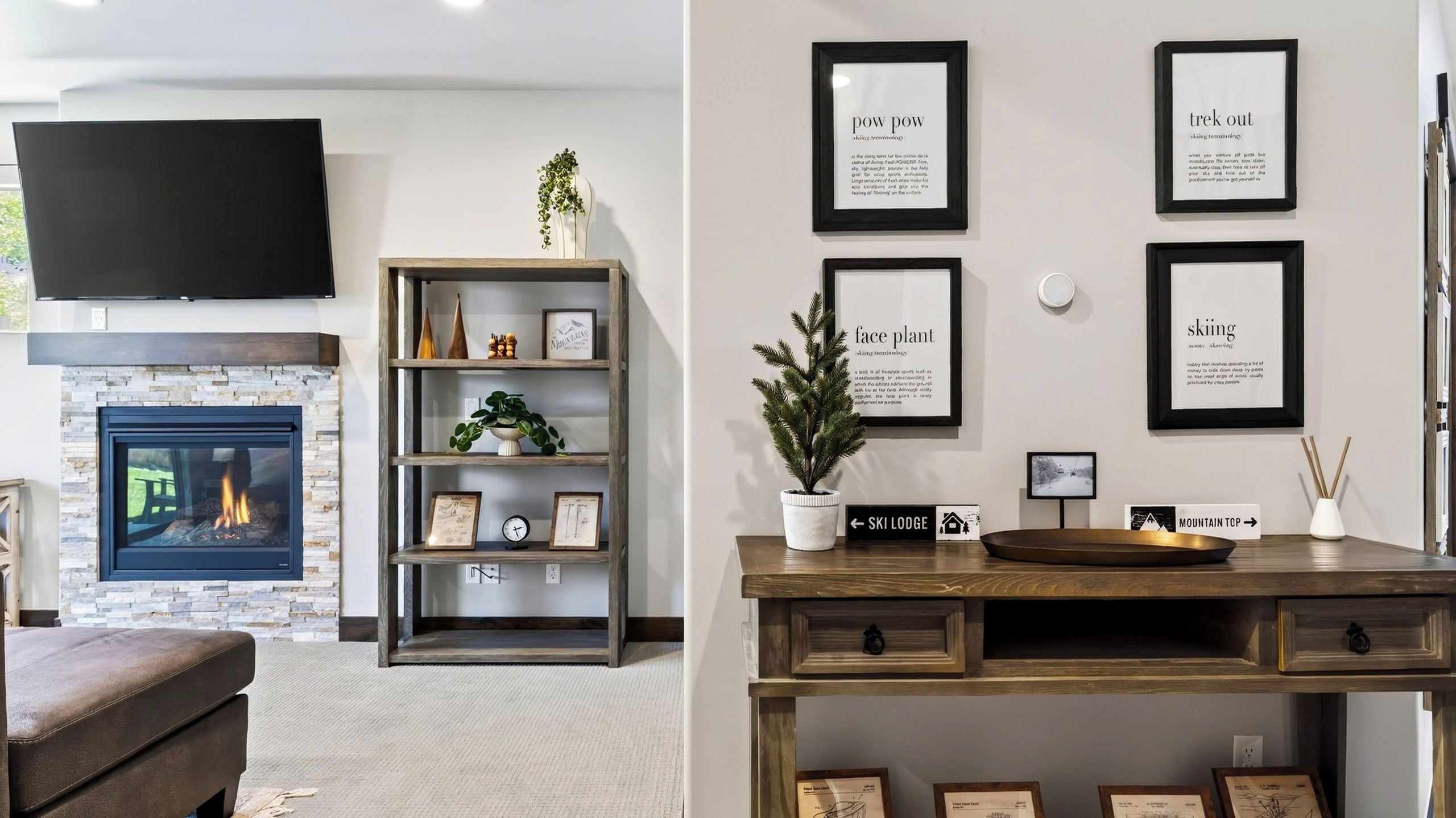 Un salon doté d’une cheminée, d’un téléviseur fixé au-dessus, d’une bibliothèque en bois et d’un mur orné de citations inspirantes encadrées.