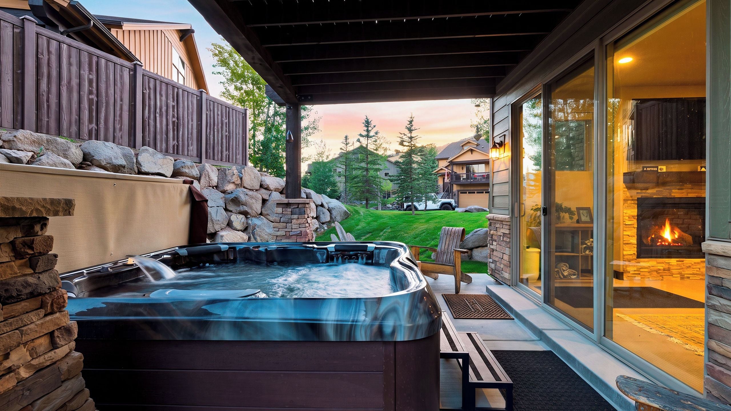 Ein Whirlpool mit Steinwand im Hintergrund, eine Terrasse mit einem Stuhl und Blick auf ein Haus mit Kamin.