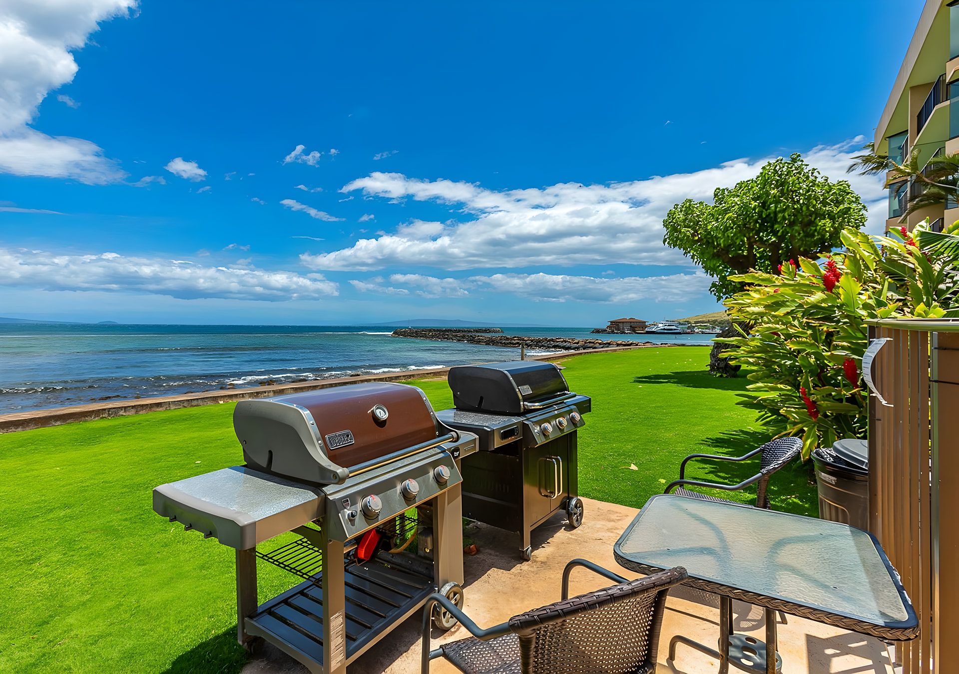Une terrasse avec un barbecue et une table, donnant sur une plage et l’océan.