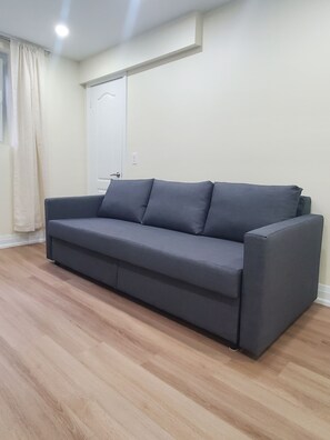 Un canapé gris dans une pièce dont le sol est recouvert de parquet et qui possède une porte blanche.
