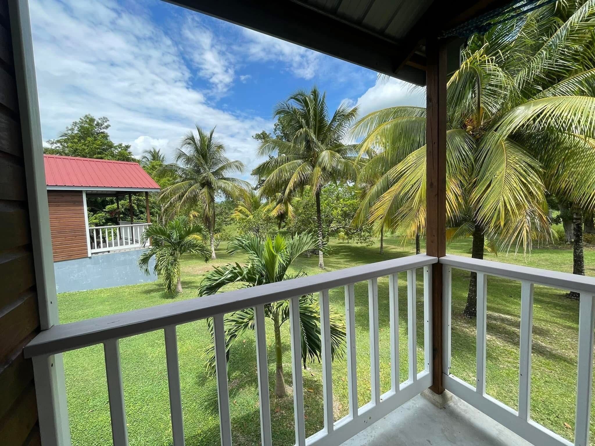 A covered balcony with a view of a pool and palm trees.