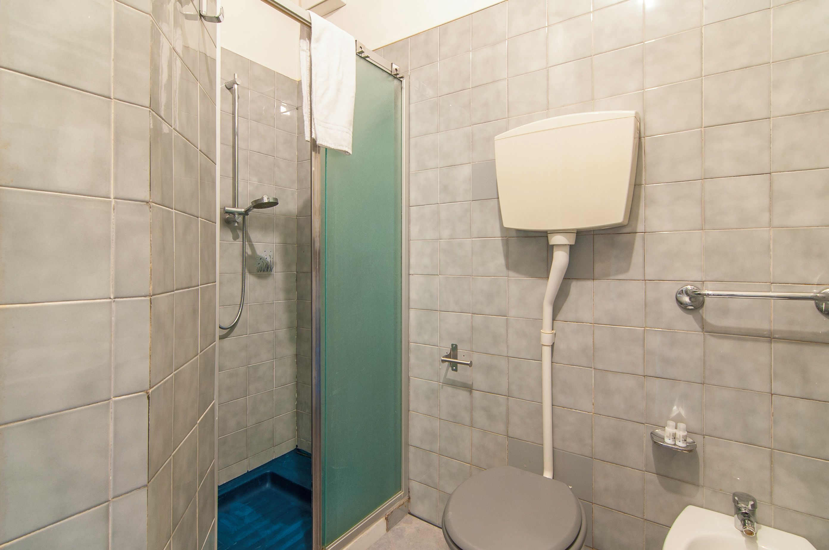Ein Badezimmer mit Dusche, Toilette und einem blauen Mülleimer.