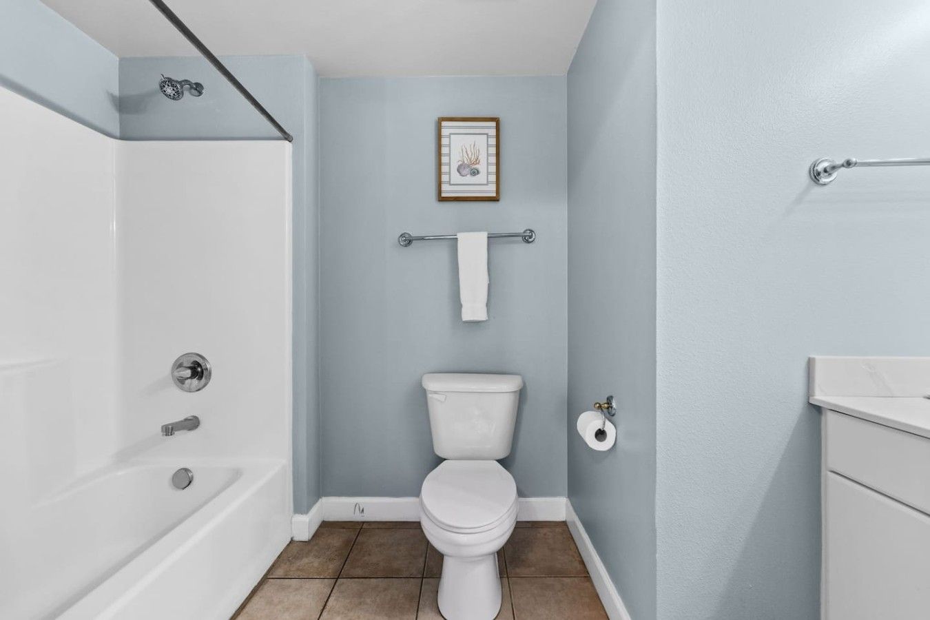 A bathroom with a white toilet, a towel rack, and a framed picture on the wall.
