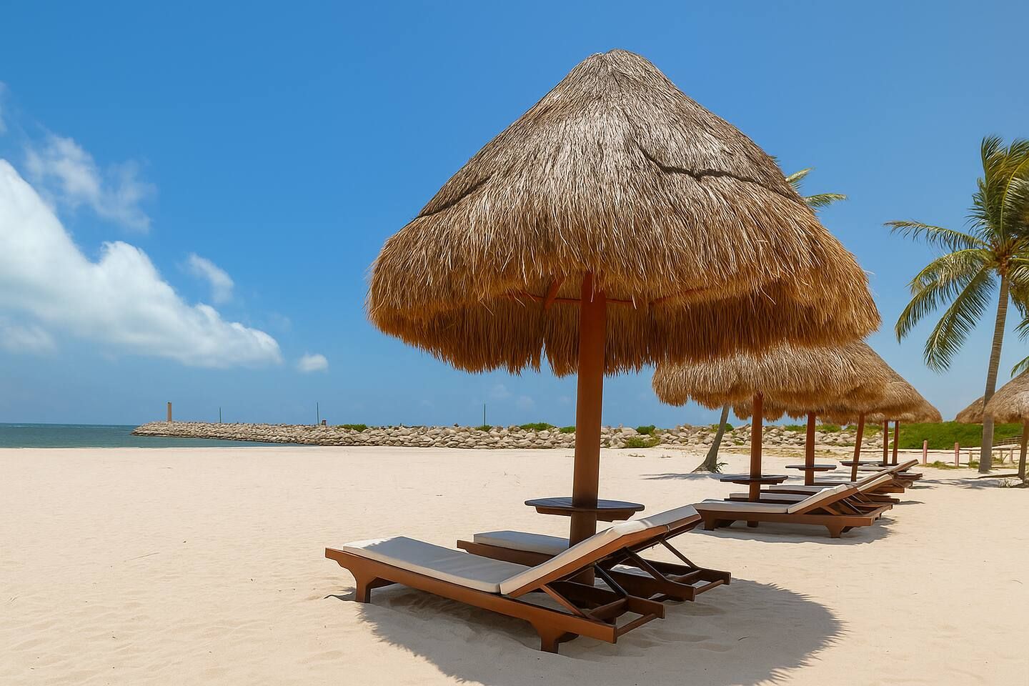 A beach with thatched umbrellas and wooden lounge chairs.