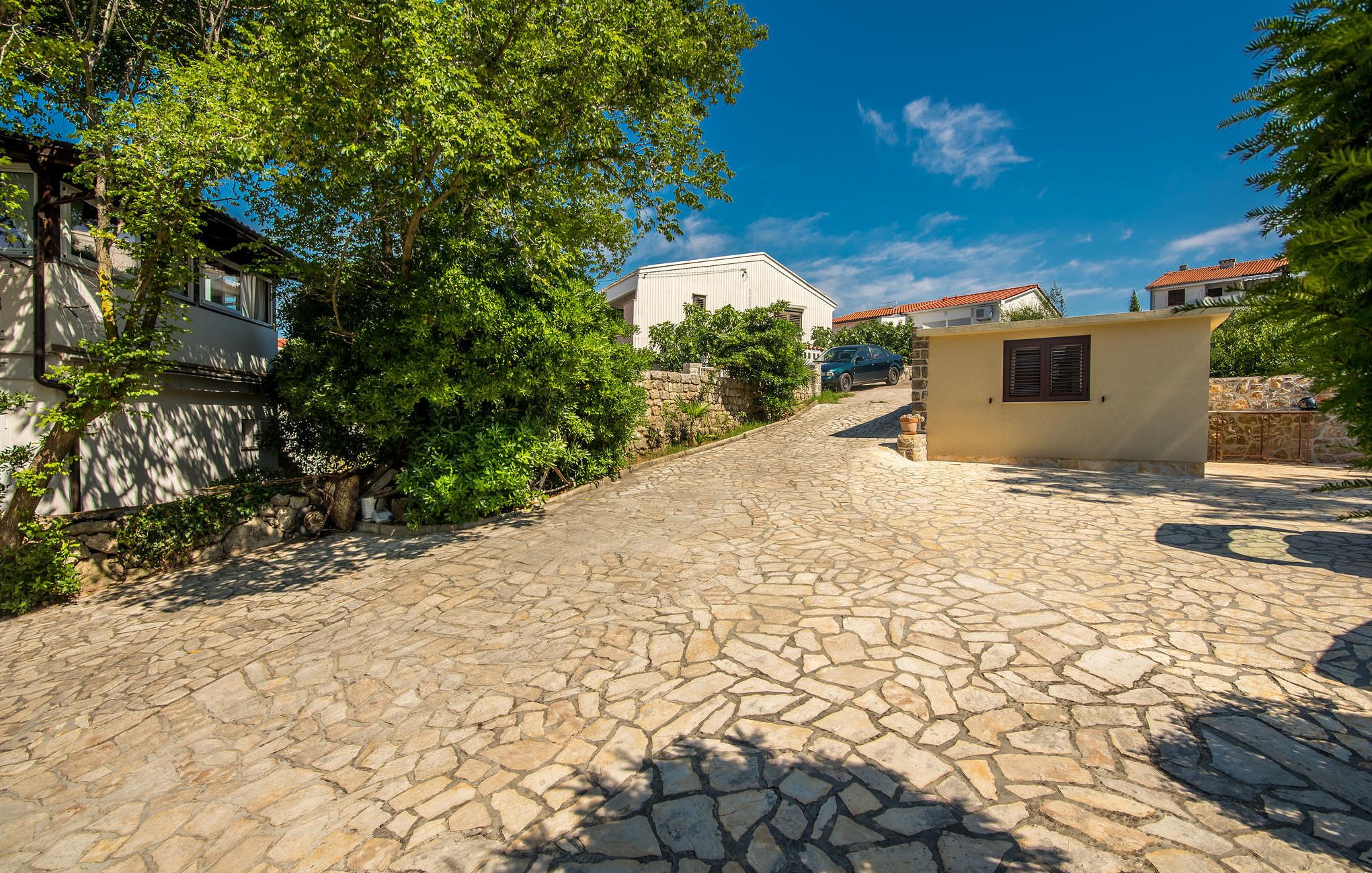 Una calle empedrada en una zona residencial con casas y vegetación.