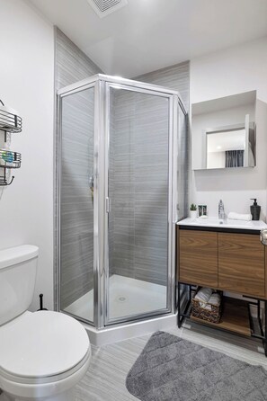 Een moderne badkamer met een douchecabine van glas, een wit toilet, een houten wastafelmeubel en een kleine spiegel.
