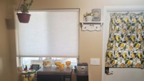 Una cocina con microondas, cafetera y una planta en maceta.