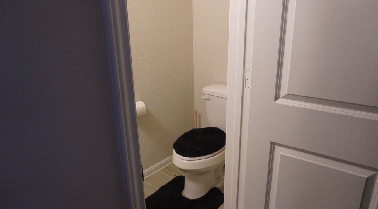 A bathroom with a toilet, a white door, and a black mat.