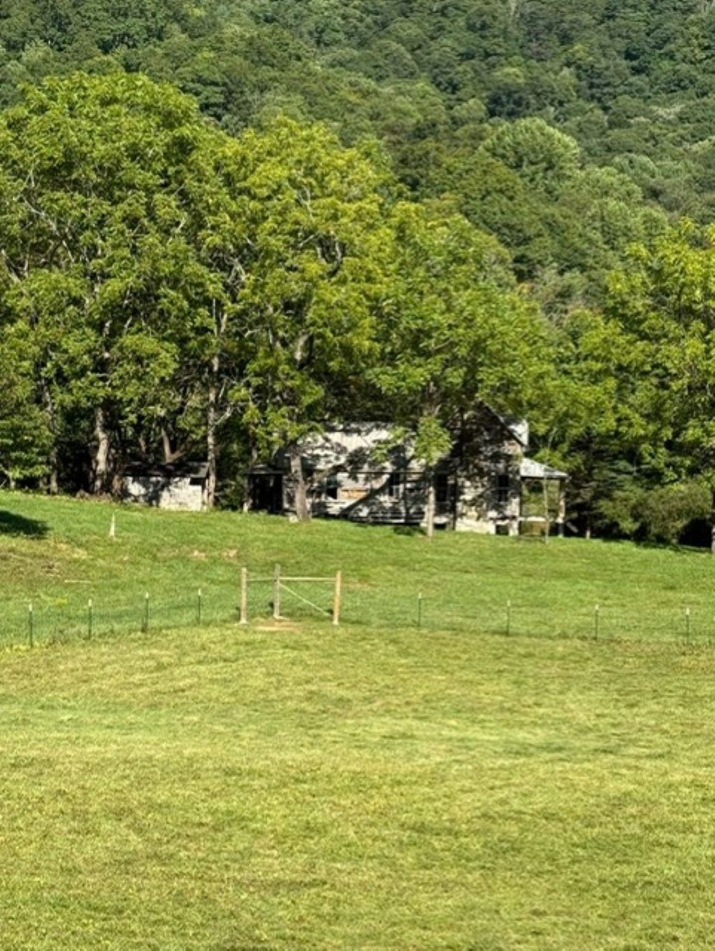 Ländliche Landschaft mit einem eingezäunten Feld, einem Steinhaus und dichtem Wald im Hintergrund.