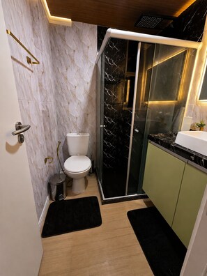 Een kleine badkamer met toilet, douche en wastafel.