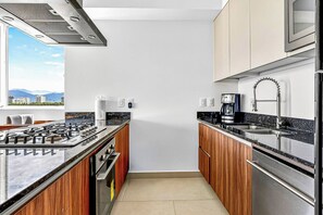 Eine moderne Küche mit einem Gasherd, Edelstahlgeräten, Holzschränken und Blick auf die Stadt.